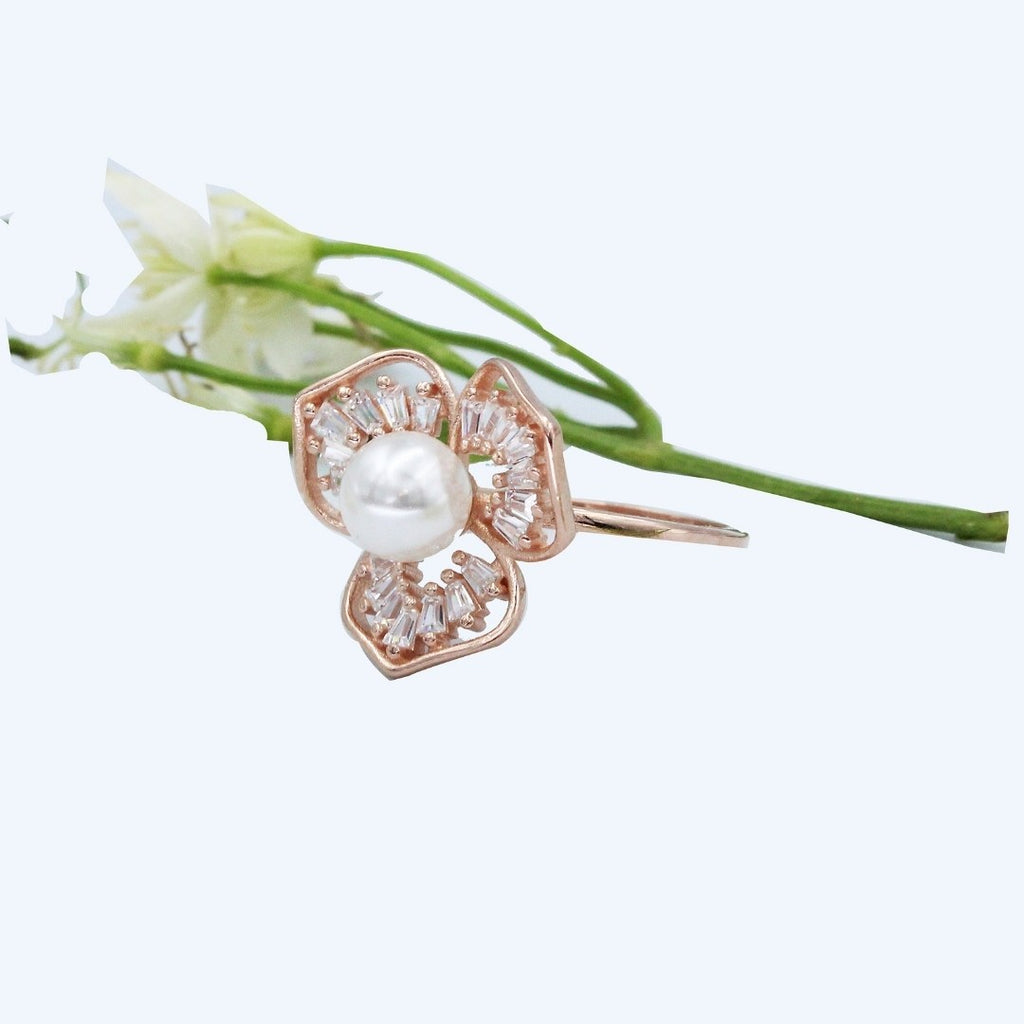 Rose Gold Plated 925 Sterling Silver Pearl Ring: Floral Cocktail Jewelry ( Size : US-7)
