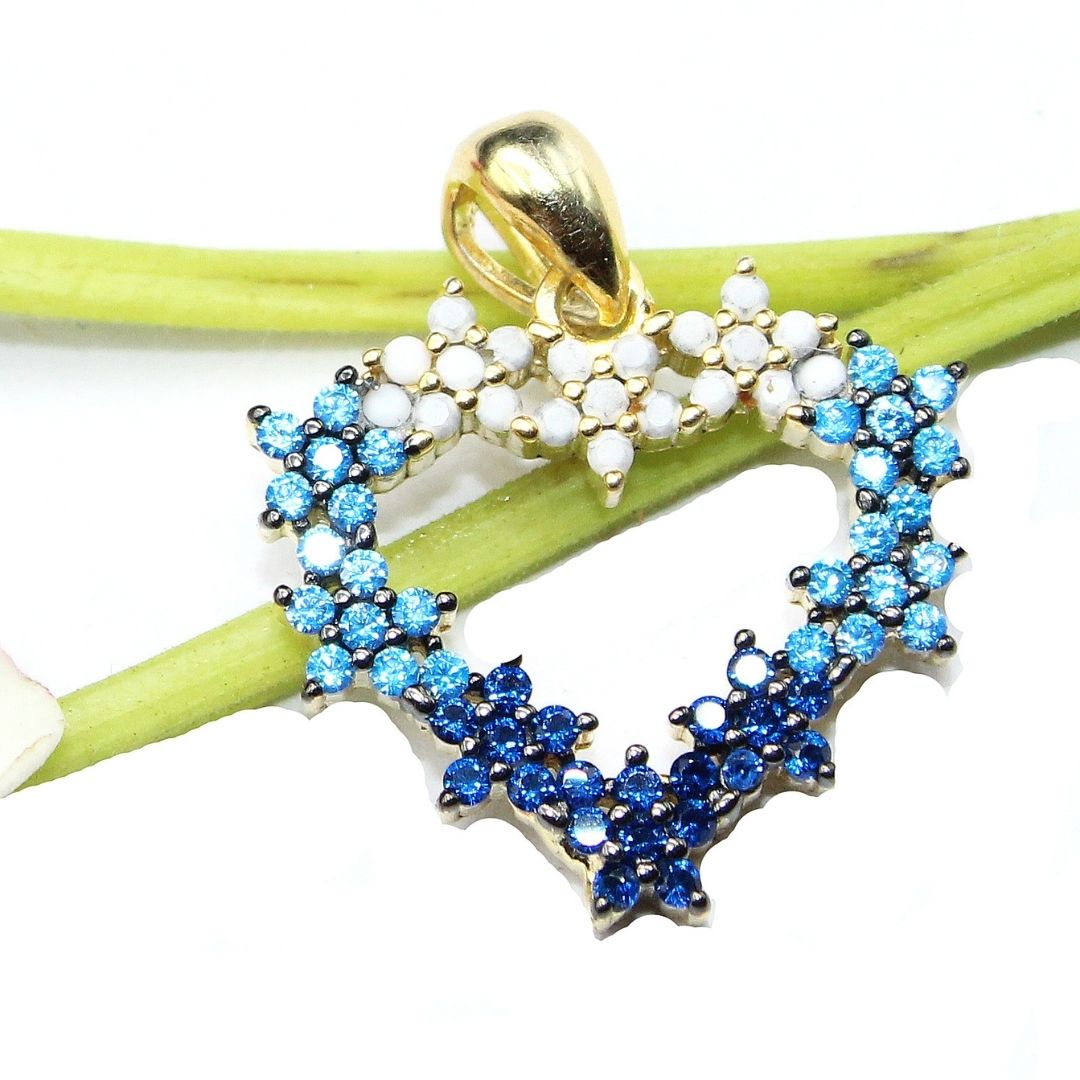 Gold Plated 925 Sterling Silver Flower Heart Pendant Necklace: Topaz & Sapphire