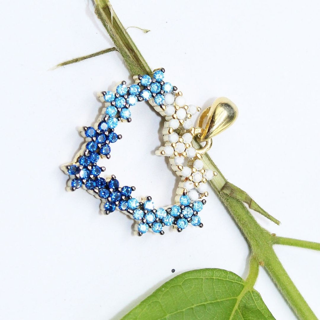 Gold Plated 925 Sterling Silver Flower Heart Pendant Necklace: Topaz & Sapphire