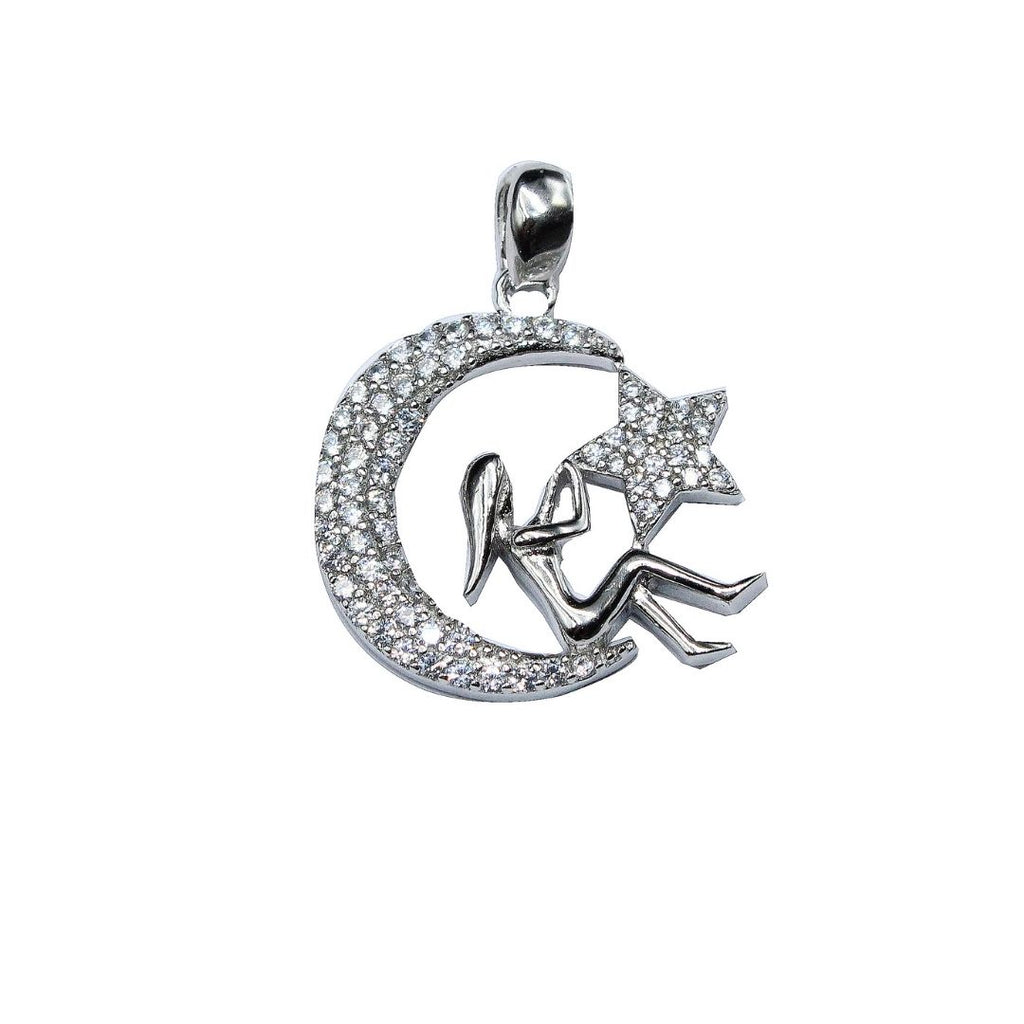 925 Sterling Silver Moon & Star Pendant: Crystal Celestial Necklace