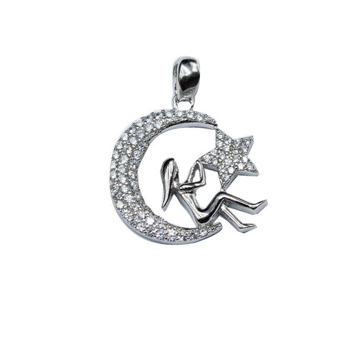 925 Sterling Silver Moon & Star Pendant: Crystal Celestial Necklace