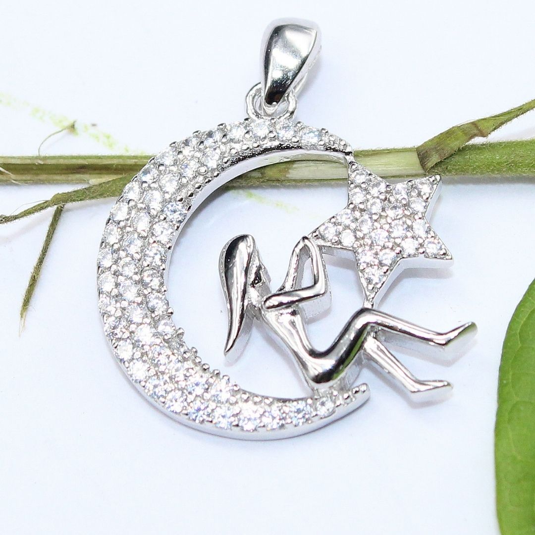 925 Sterling Silver Moon & Star Pendant: Crystal Celestial Necklace