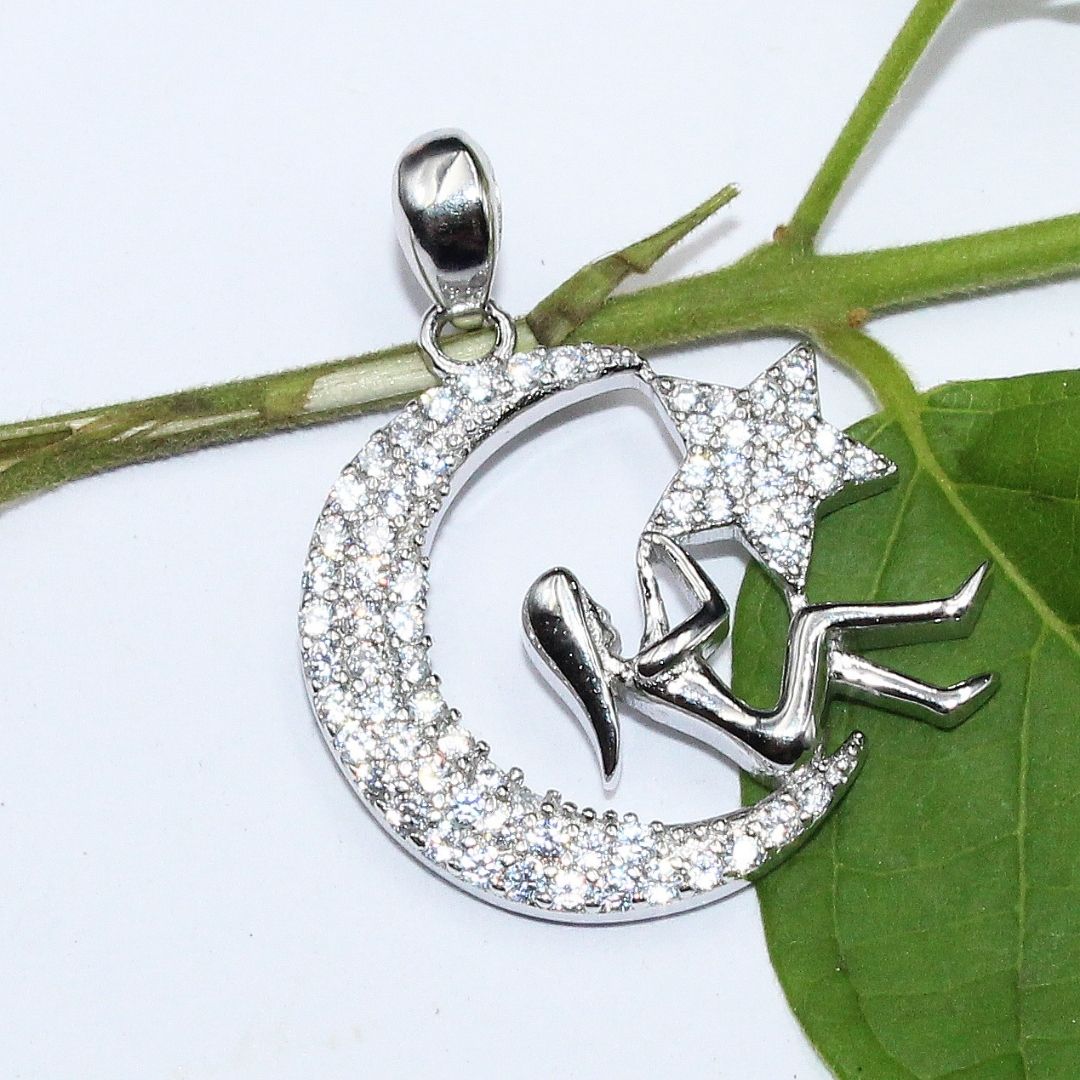 925 Sterling Silver Moon & Star Pendant: Crystal Celestial Necklace