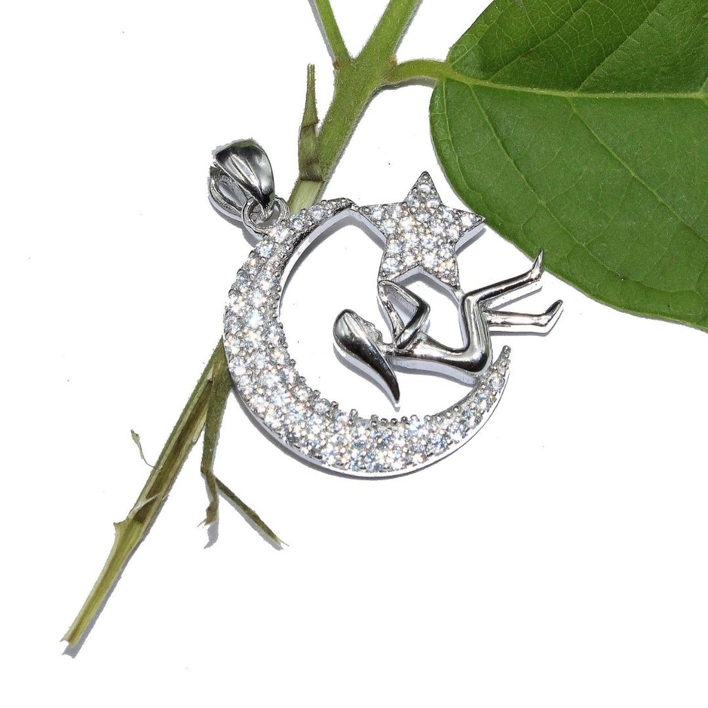 925 Sterling Silver Moon & Star Pendant: Crystal Celestial Necklace