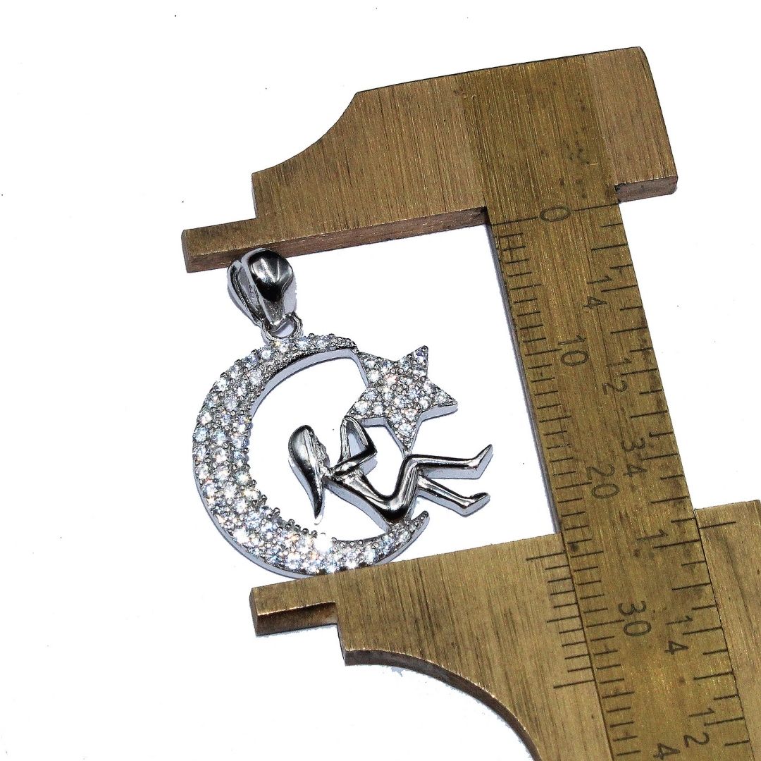 925 Sterling Silver Moon & Star Pendant: Crystal Celestial Necklace