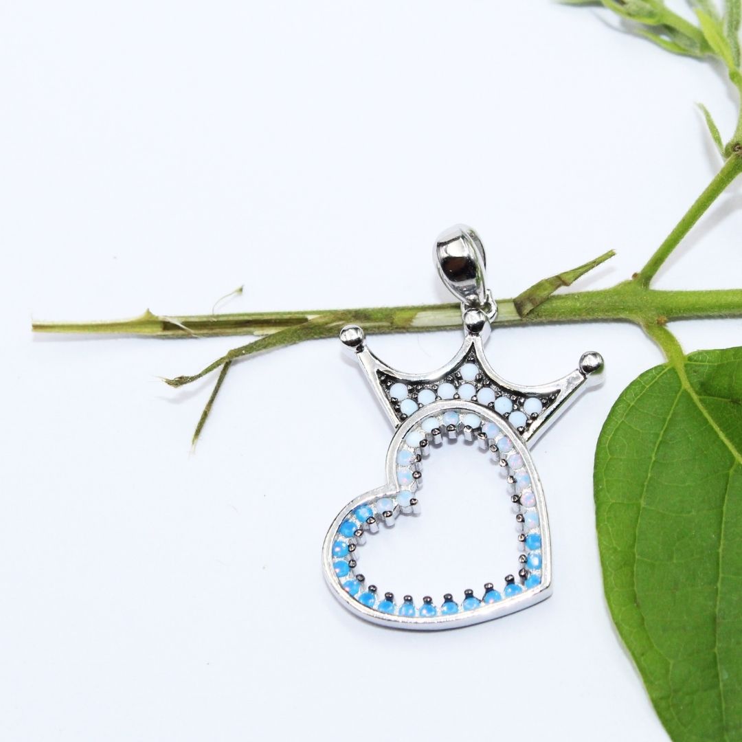 925 Sterling Silver Crown Heart Pendant: Chalcedony Opalite Princess Jewelry