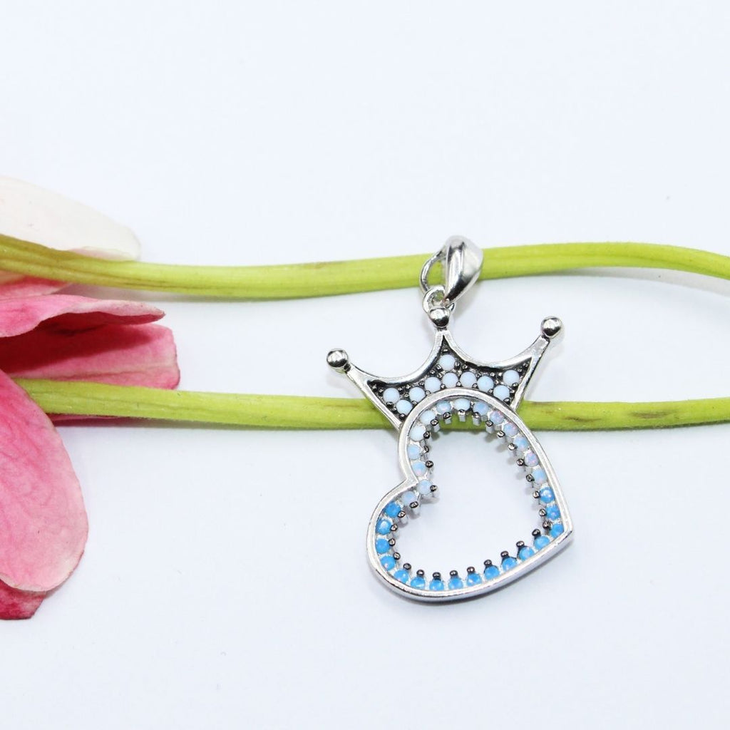 925 Sterling Silver Crown Heart Pendant: Chalcedony Opalite Princess Jewelry