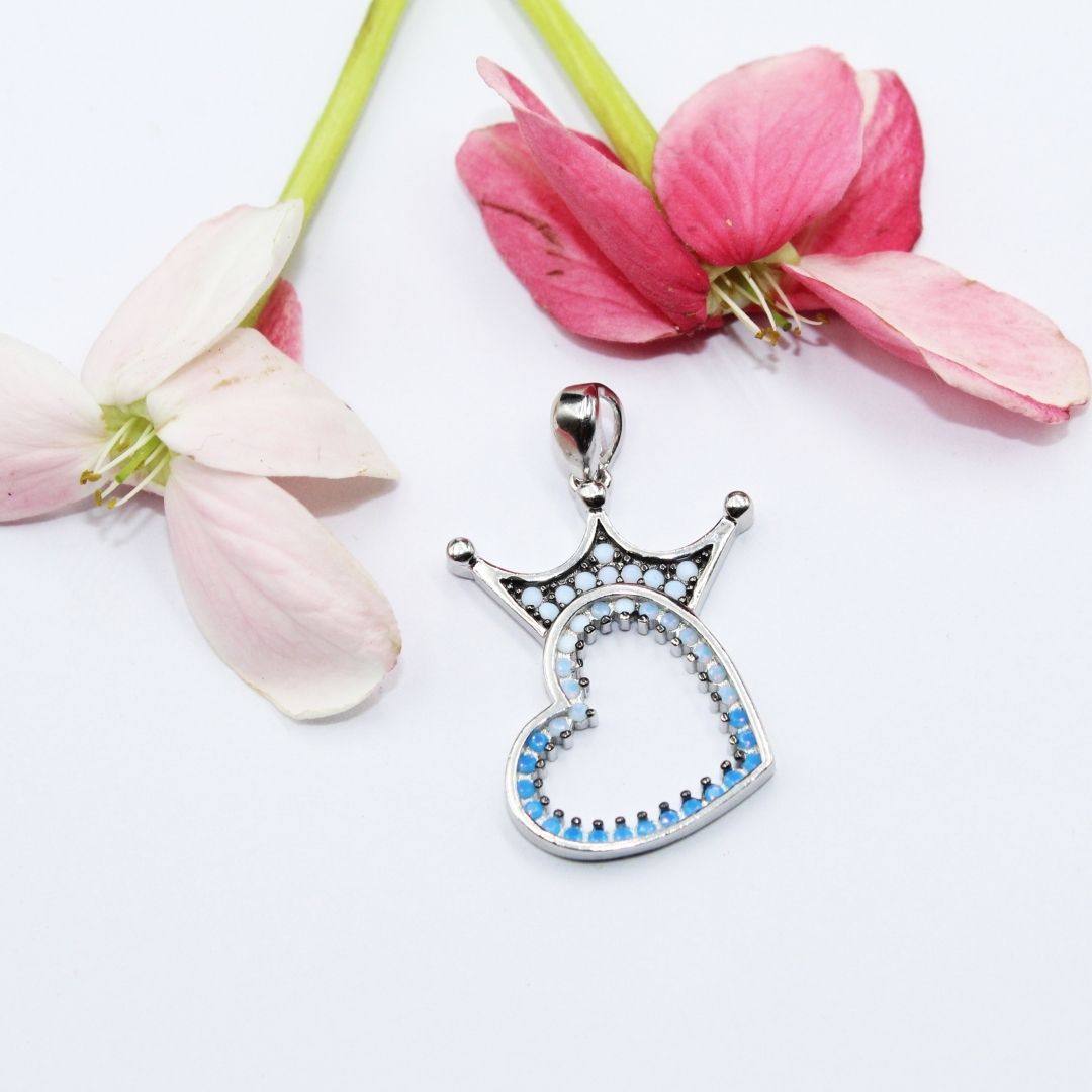 925 Sterling Silver Crown Heart Pendant: Chalcedony Opalite Princess Jewelry