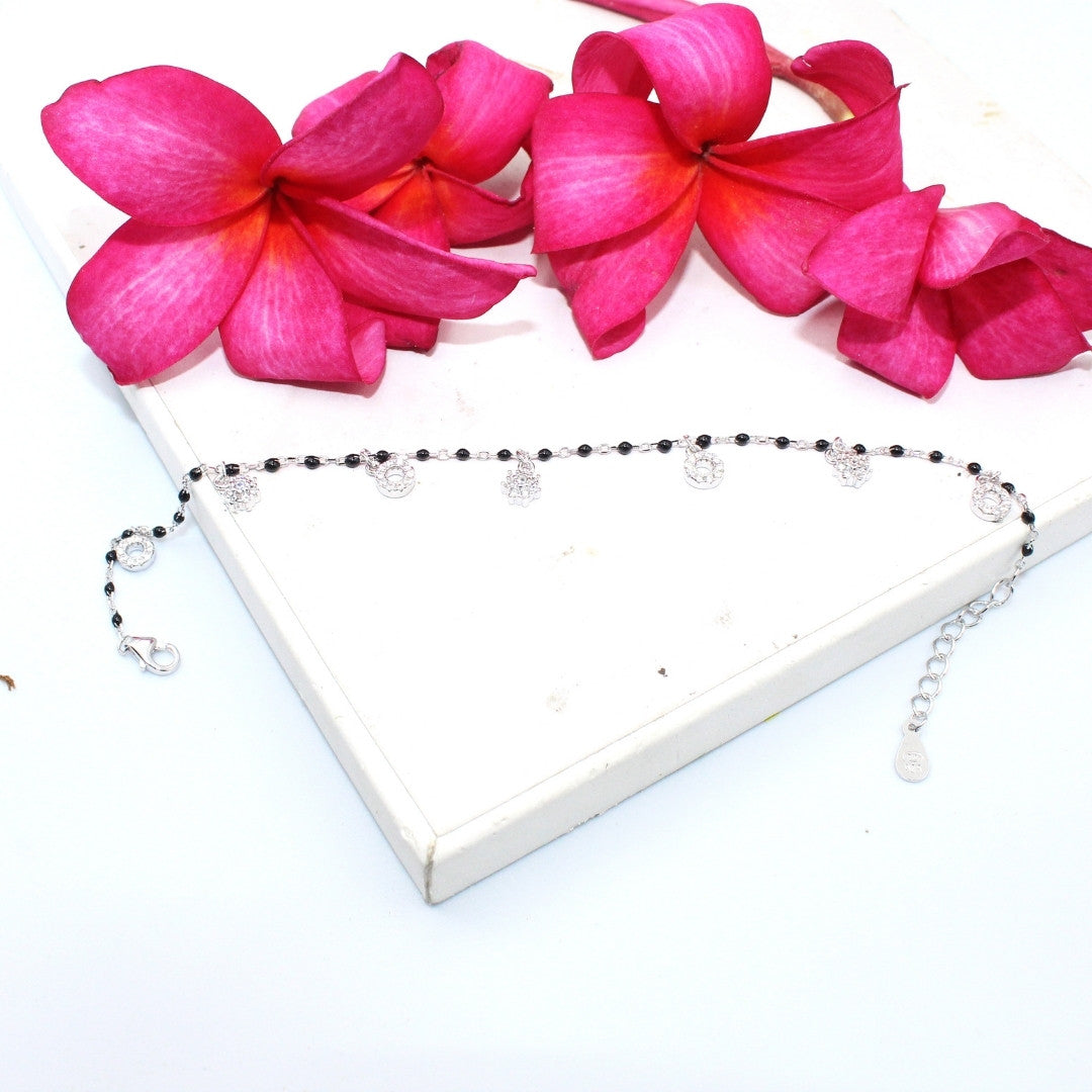 Black Beaded 925 Sterling Silver Charm Bracelet: Elegant Handmade Foot Jewelry