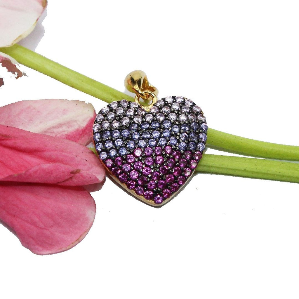 Pink Sapphire Heart Pendant: Amethyst Accent, 925 Sterling Silver Gold Plated
