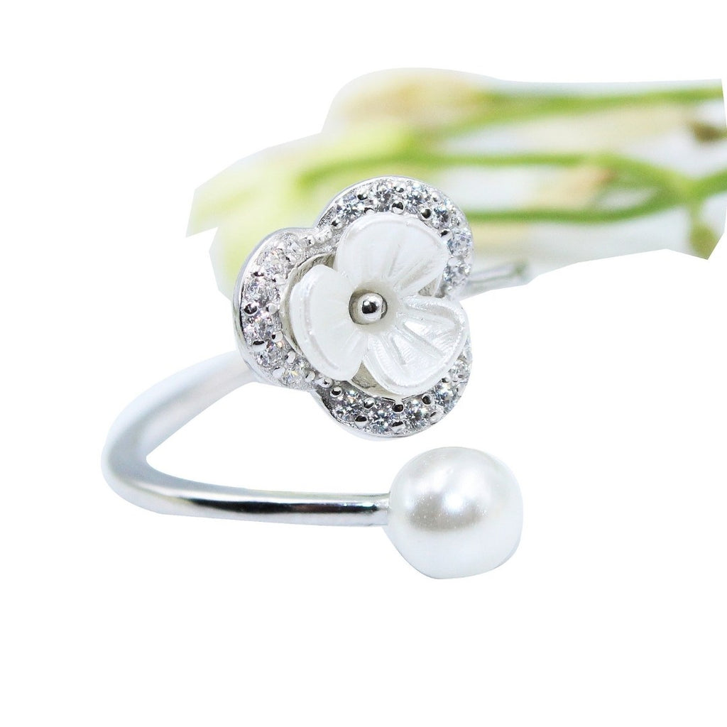 Pearl Flower 925 Sterling Silver Ring: Adjustable Cubic Zirconia