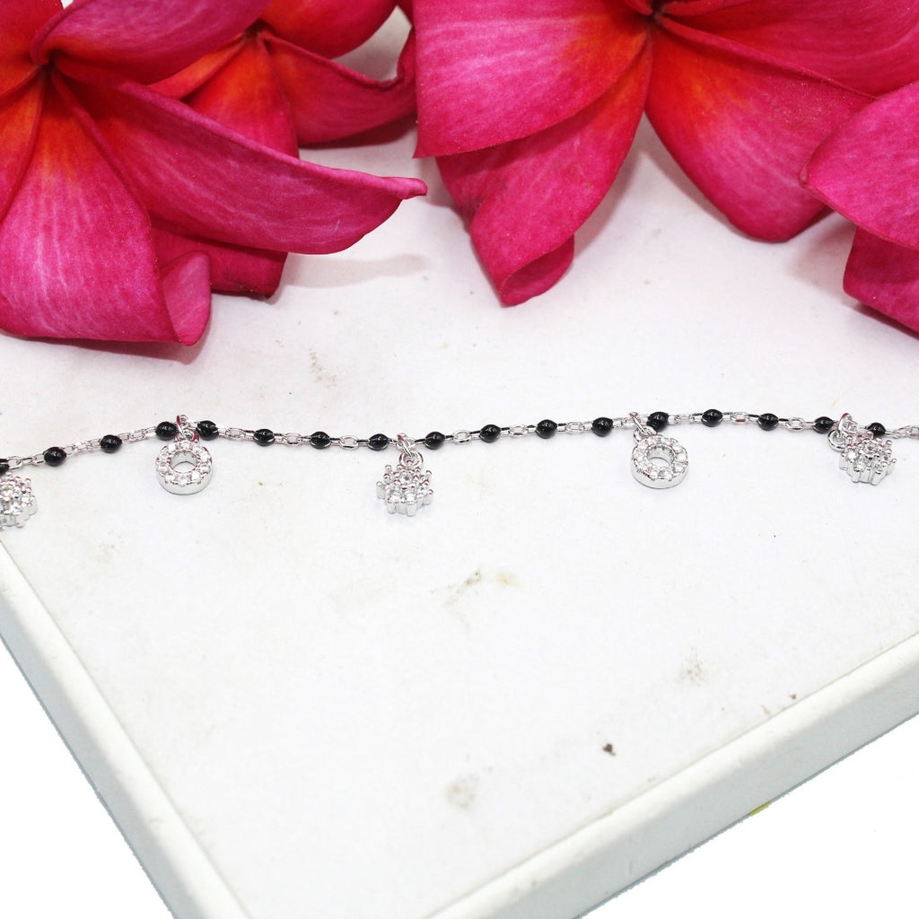 Black Beaded 925 Sterling Silver Charm Bracelet: Elegant Handmade Foot Jewelry