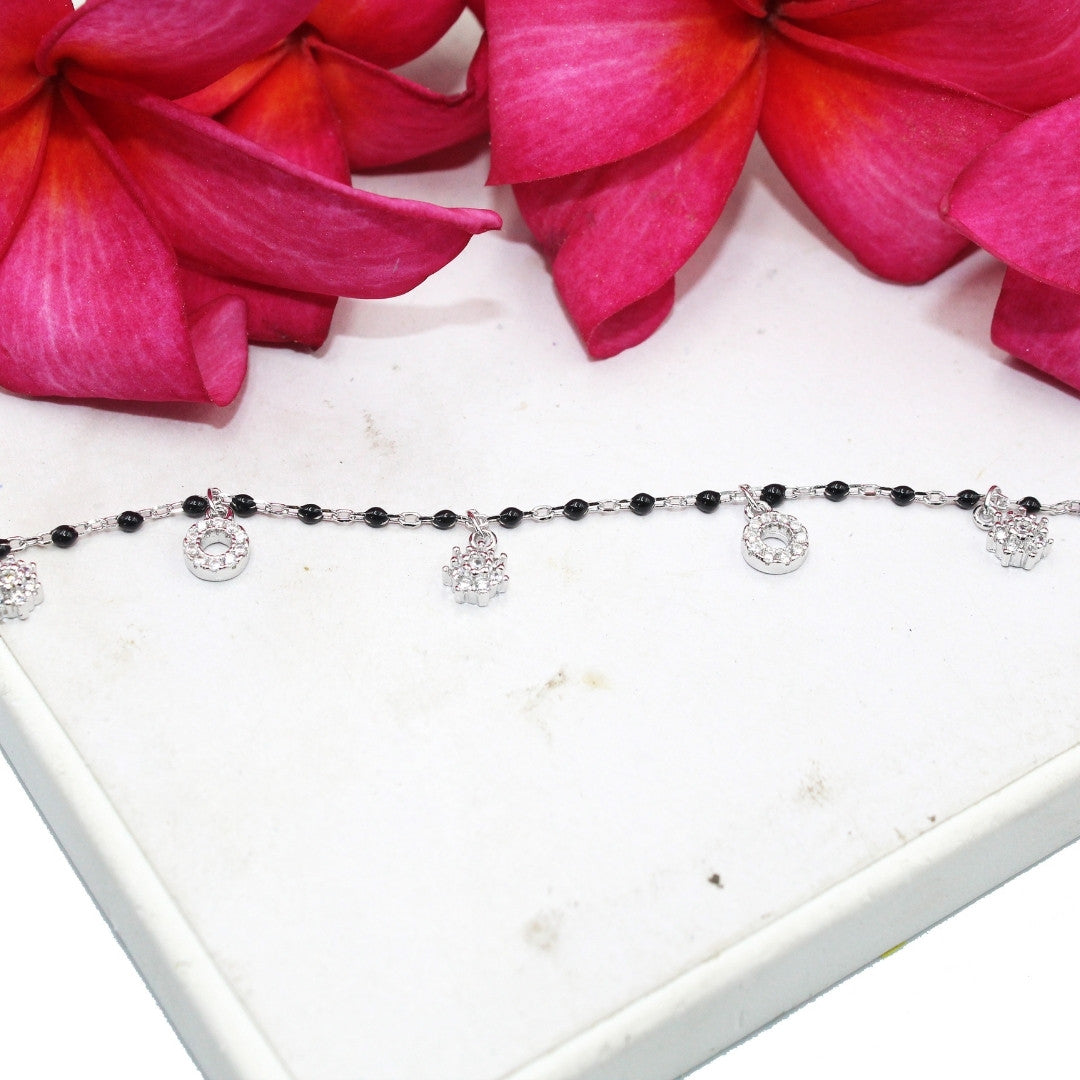 Black Beaded 925 Sterling Silver Charm Bracelet: Elegant Handmade Foot Jewelry