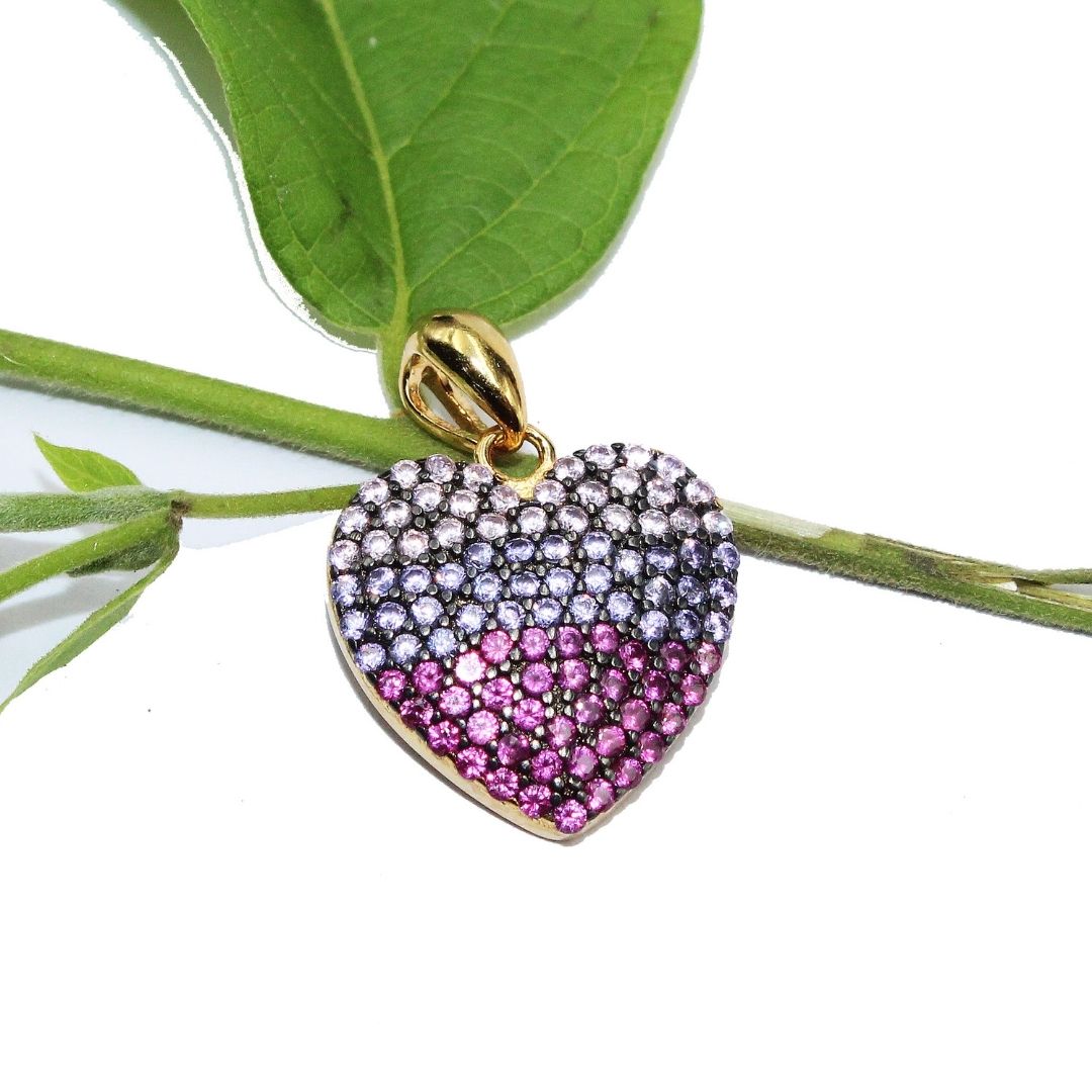 Pink Sapphire Heart Pendant: Amethyst Accent, 925 Sterling Silver Gold Plated