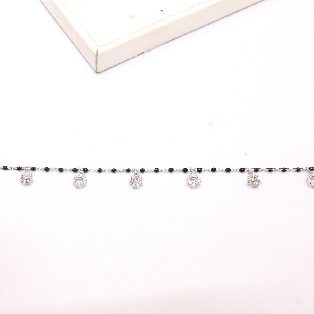 Black Beaded 925 Sterling Silver Charm Bracelet: Elegant Handmade Foot Jewelry