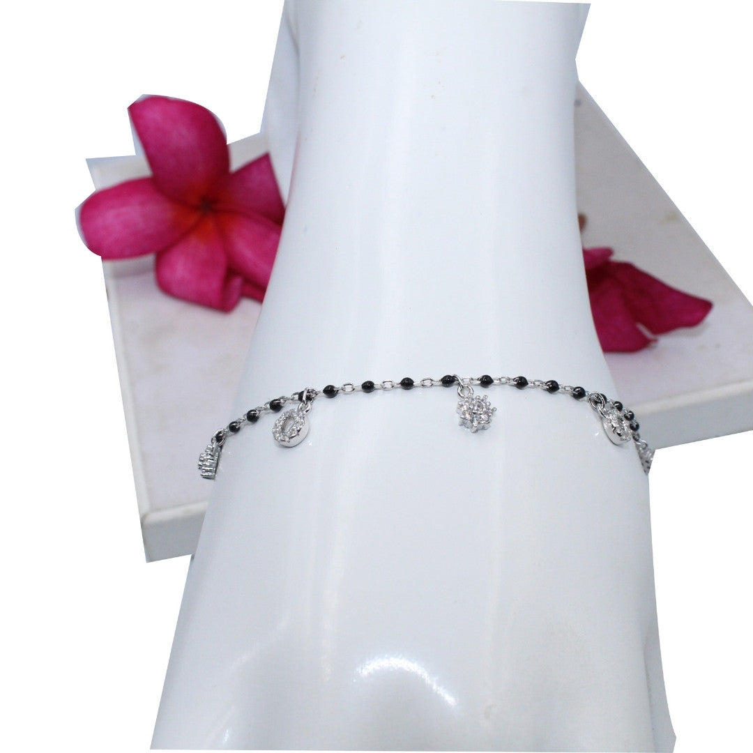 Black Beaded 925 Sterling Silver Charm Bracelet: Elegant Handmade Foot Jewelry