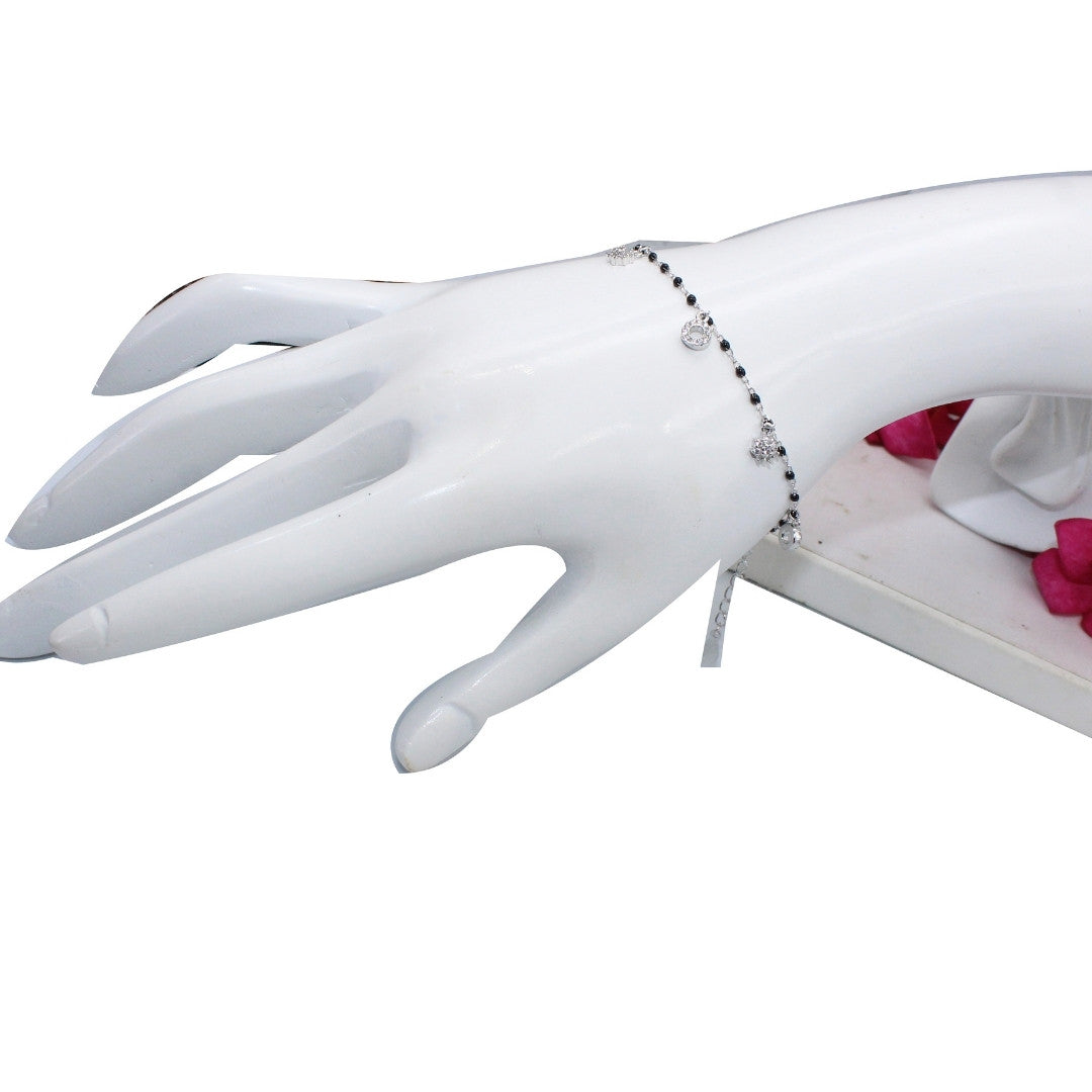 Black Beaded 925 Sterling Silver Charm Bracelet: Elegant Handmade Foot Jewelry