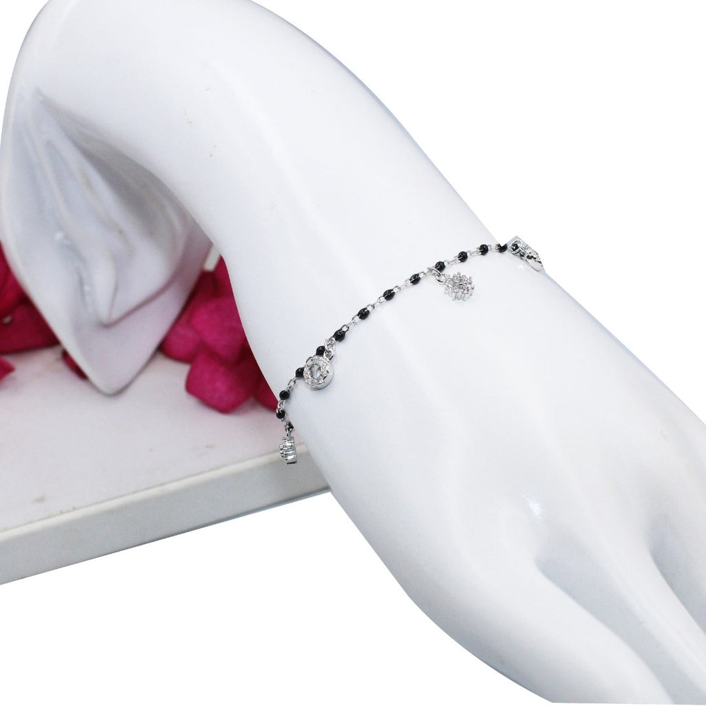 Black Beaded 925 Sterling Silver Charm Bracelet: Elegant Handmade Foot Jewelry