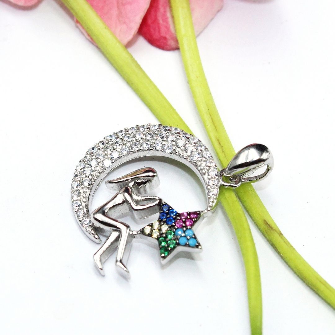 925 Sterling Silver Moon & Star Pendant: Celestial Boho Pendant