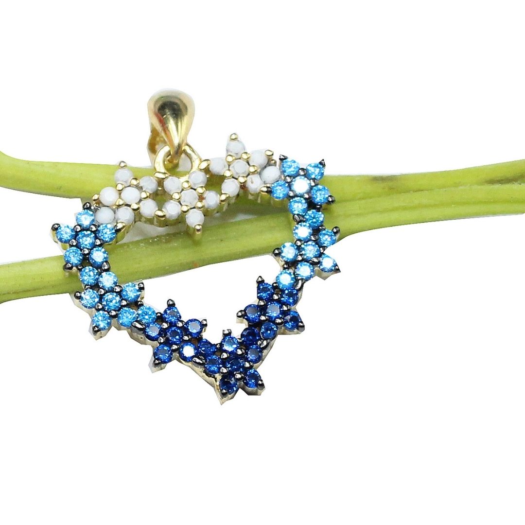 Gold Plated 925 Sterling Silver Flower Heart Pendant Necklace: Topaz & Sapphire